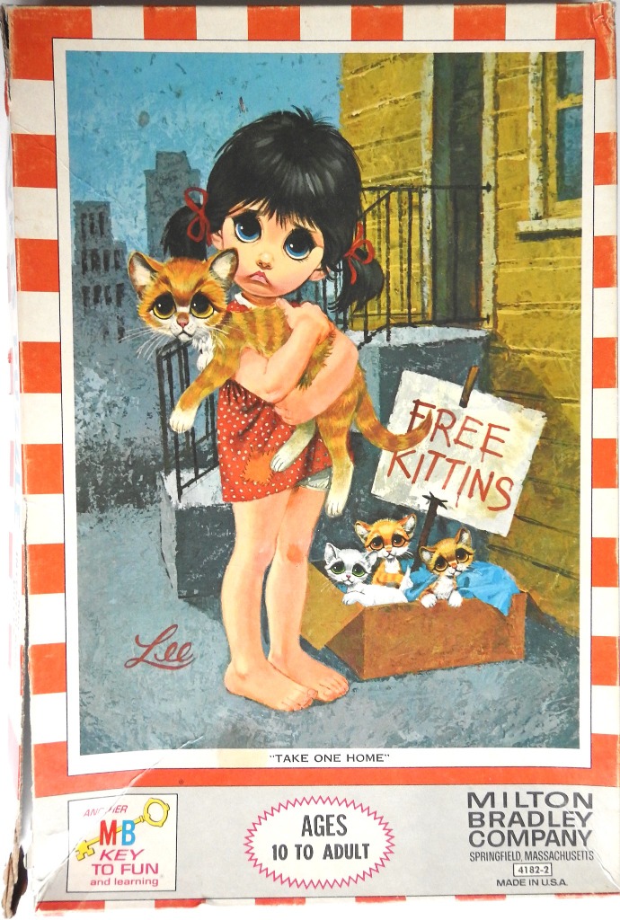 Vintage big-eyed illustration of a young girl holding an orange tabby kitten, with more kittens in a cardboard box nearby.