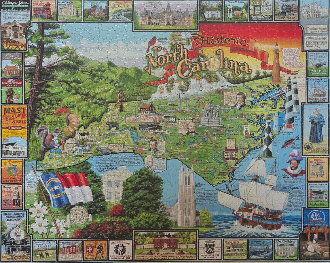 A pictorial map of North Carolina featuring historic sites, state symbols, and diverse regional landmarks.