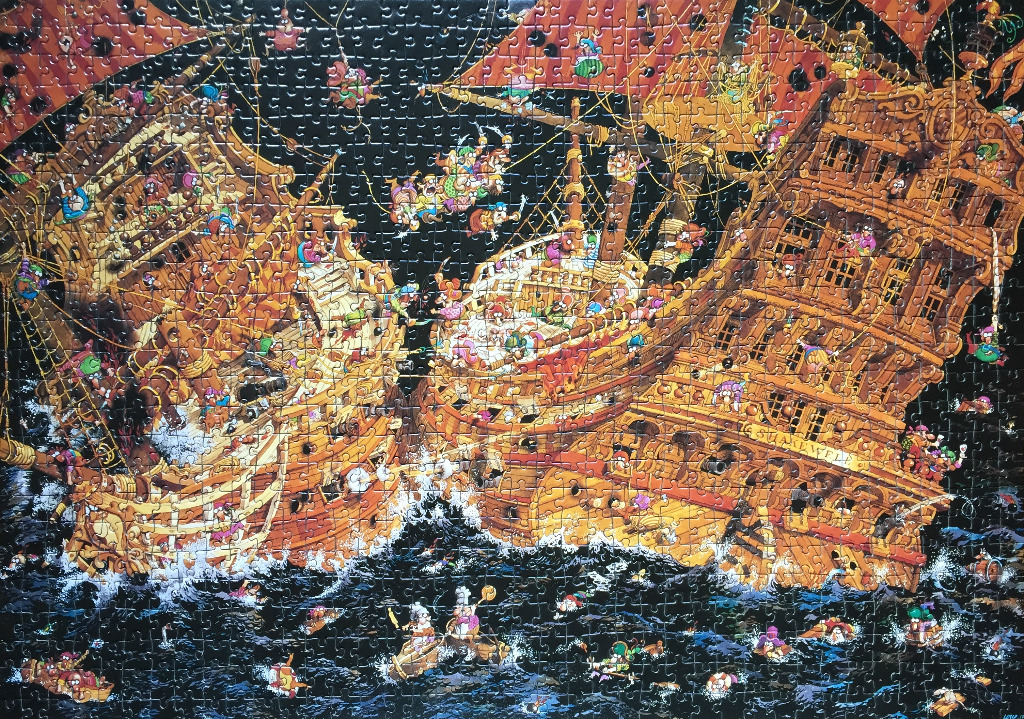 Cartoon illustration of two wooden pirate ships colliding at sea with chaotic sailors