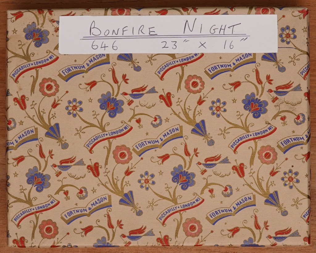 A repeating wallpaper-style pattern featuring floral motifs, small birds, and brand banners on a beige background.