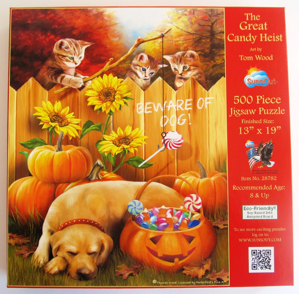 Illustration of kittens stealing candy from a sleeping dog’s pumpkin bucket in an autumn garden.