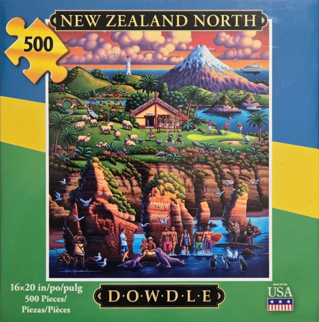 Folk art illustration of North Island New Zealand featuring a volcano, hobbit-style homes, and coastal cliffs.