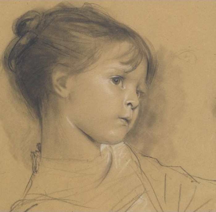 A charcoal and chalk drawing of a young girl with her hair in a bun looking to the right.
