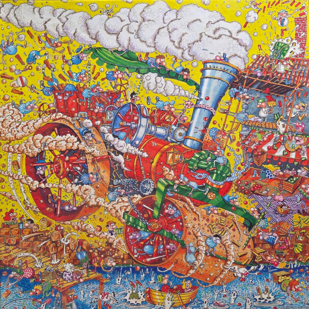 A chaotic, cartoon-style illustration of a red steamroller driving through a bustling, humorous construction site.
