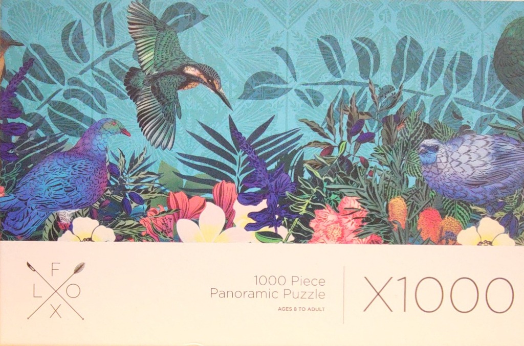 A lush botanical illustration featuring a kingfisher, birds, and tropical flowers against a vibrant turquoise background.