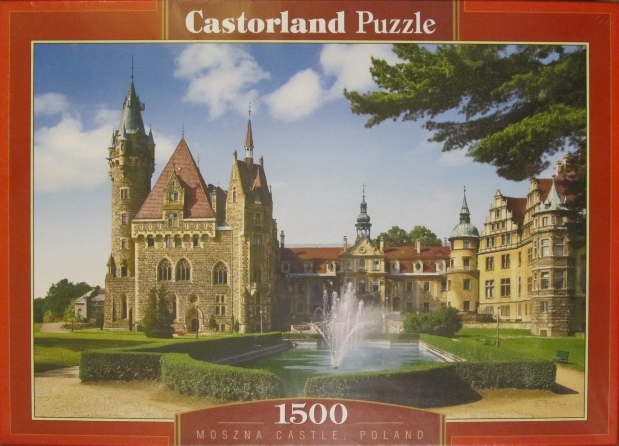 A sunny, daytime photograph of the historic Moszna Castle in Poland, featuring a fountain and stone architecture.