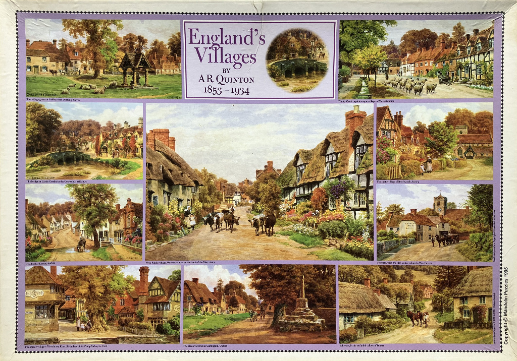 A collage of nine paintings by A.R. Quinton featuring picturesque English village scenes with cottages and country life.