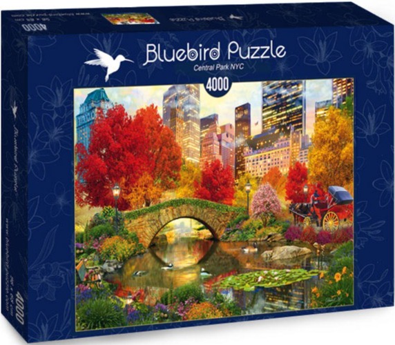 Painting of Gapstow Bridge in Central Park, New York, during autumn with a horse-drawn carriage and skyscrapers.