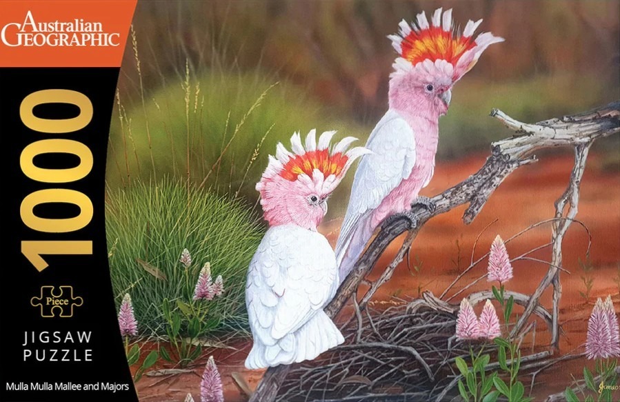 Two Major Mitchell's cockatoos perched on a dead branch in an Australian outback landscape with flowering mulla mulla.