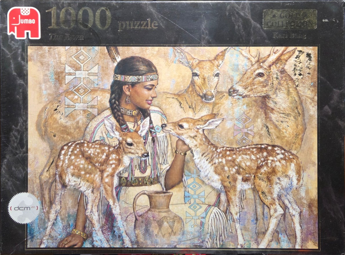 An illustration of a young woman in Indigenous-style clothing with four deer in a desert-toned landscape.