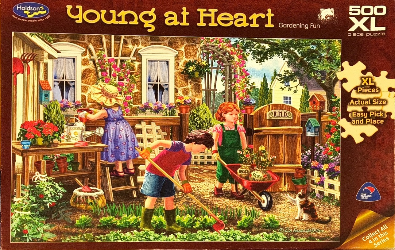 Children gardening in a rustic backyard with stone walls, potted flowers, and a wheelbarrow.