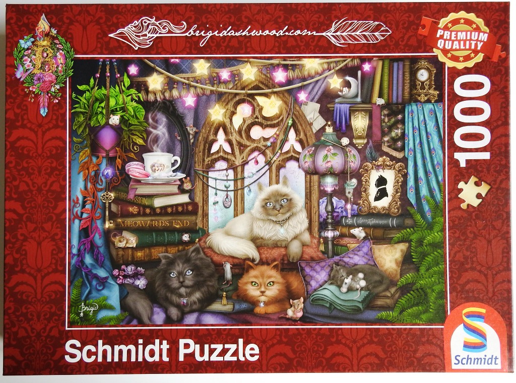 An illustration of three fluffy cats relaxing in a whimsical, gothic-style study filled with books and fairy lights.