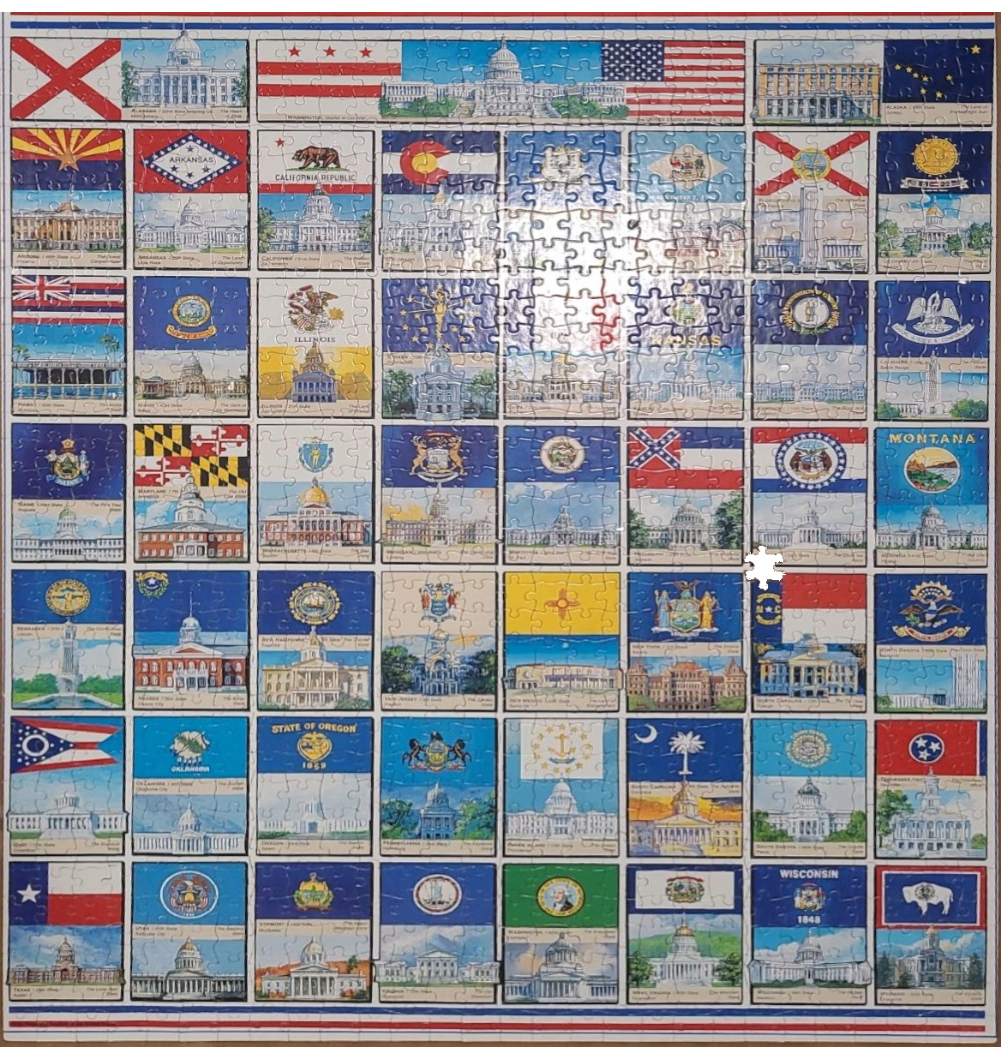 A grid-style illustration featuring the flags and state capitols of the United States.