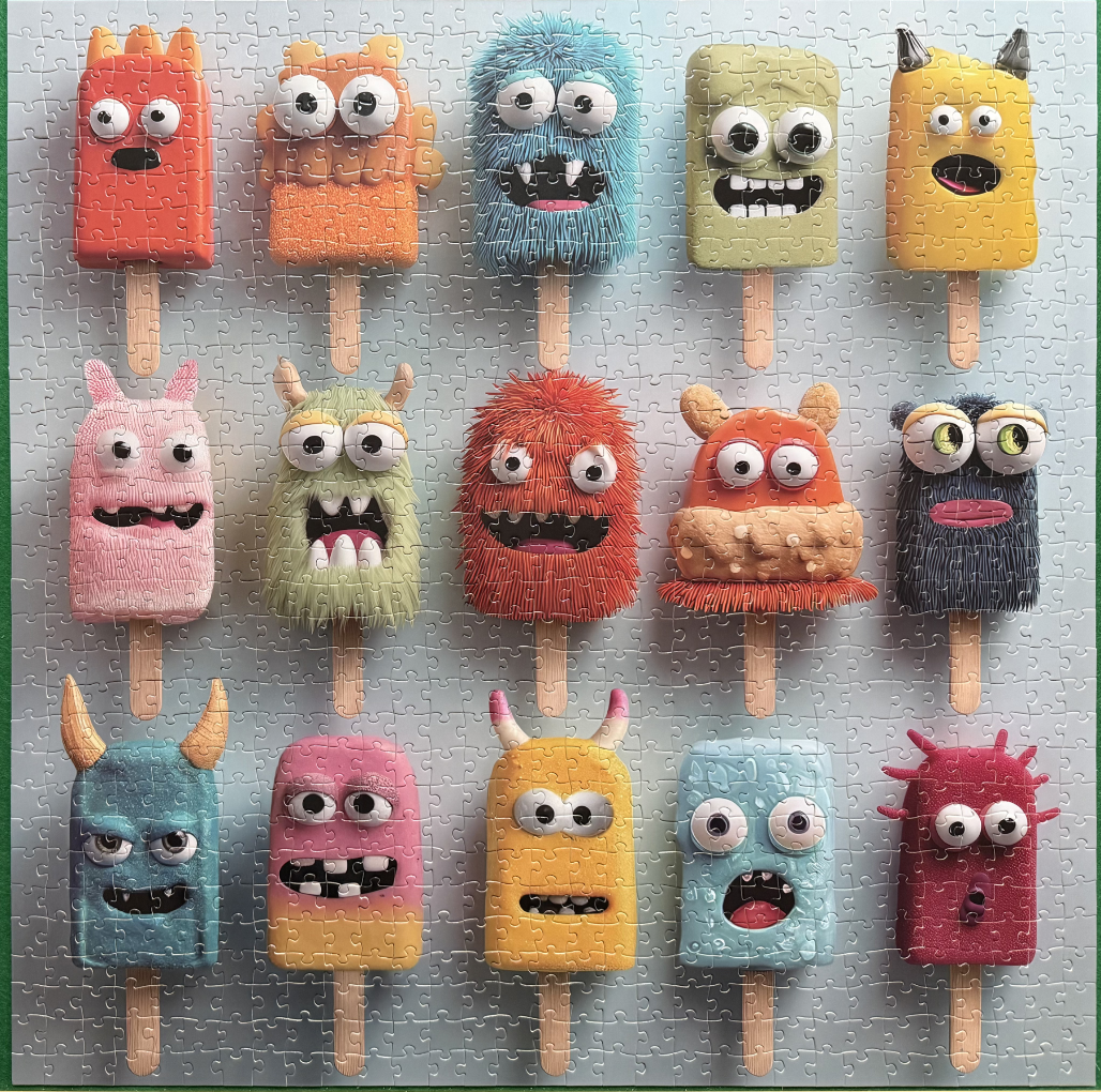 Grid of fifteen colorful monster-shaped popsicles against a pale blue background