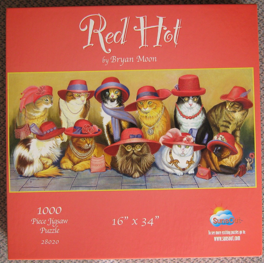 A whimsical illustration of ten cats wearing red hats and fashionable accessories, posed together on a paved floor.