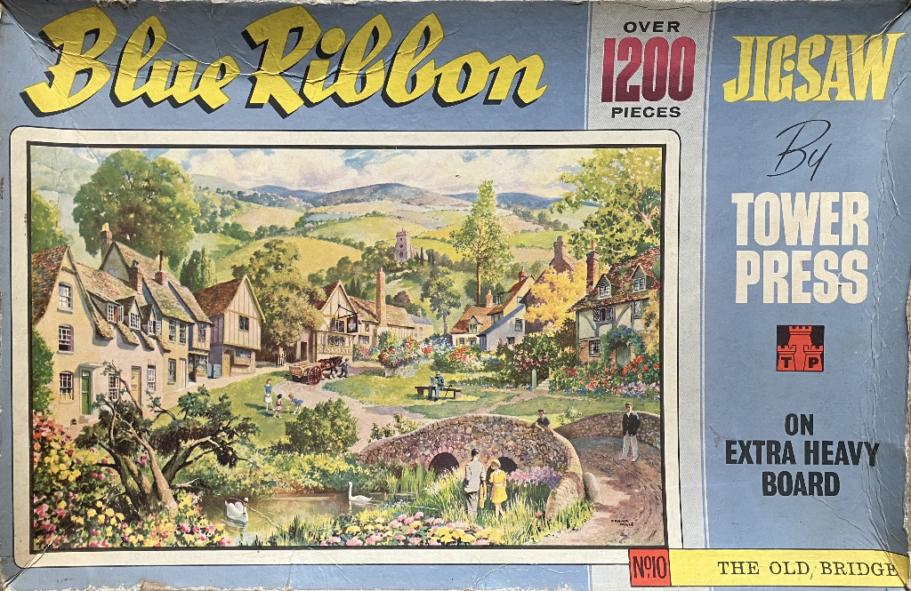 A nostalgic painting of an English village featuring a stone bridge, a pond, and traditional cottages.
