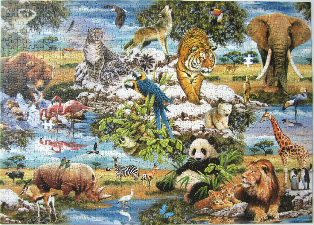 A dense wildlife montage featuring a variety of wild animals from diverse habitats across a savanna landscape.