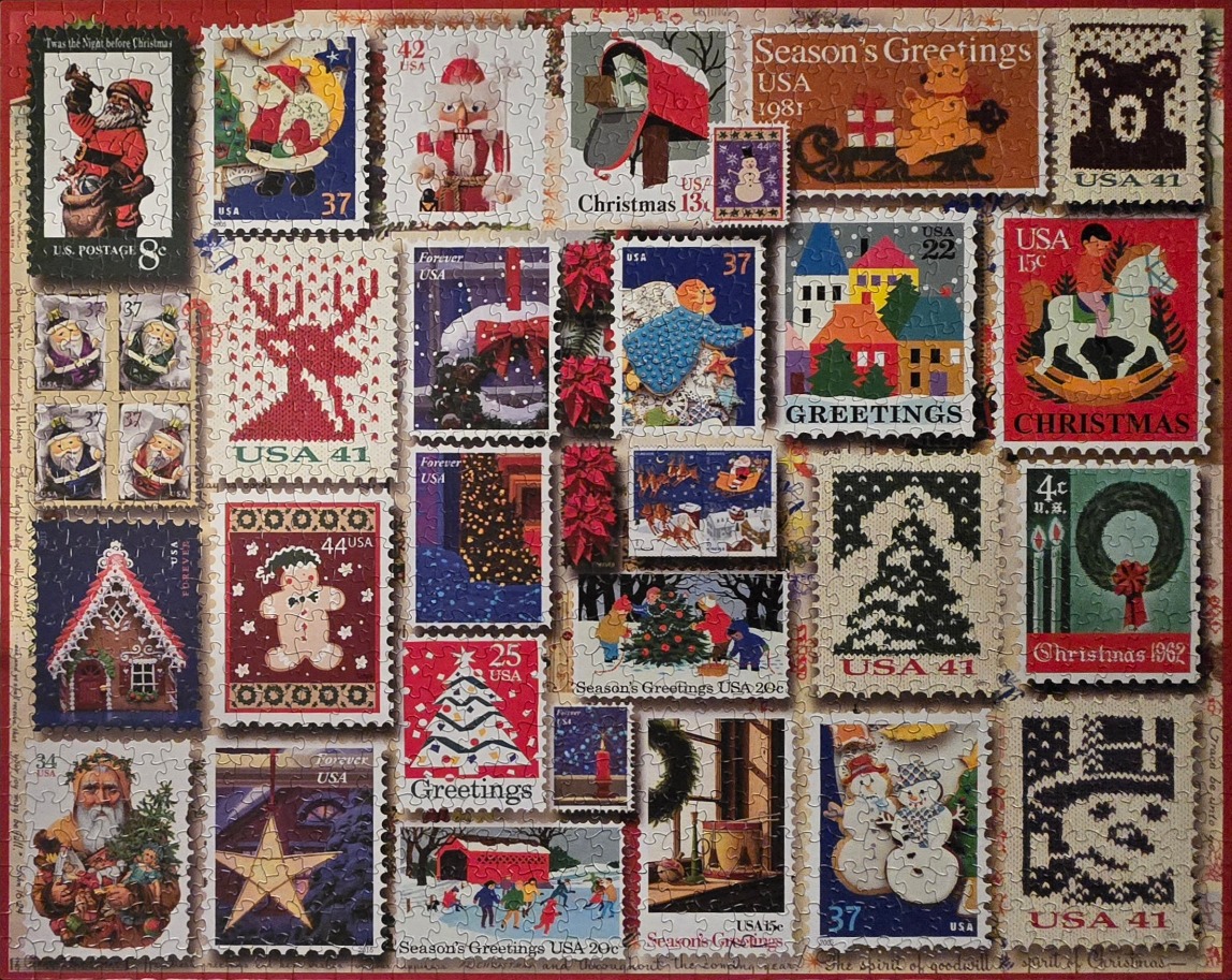 A collage of various Christmas-themed postage stamps