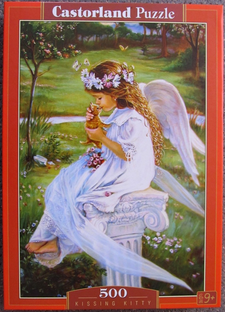 An illustration of a young girl with angel wings wearing a daisy crown while kissing a small orange tabby kitten.