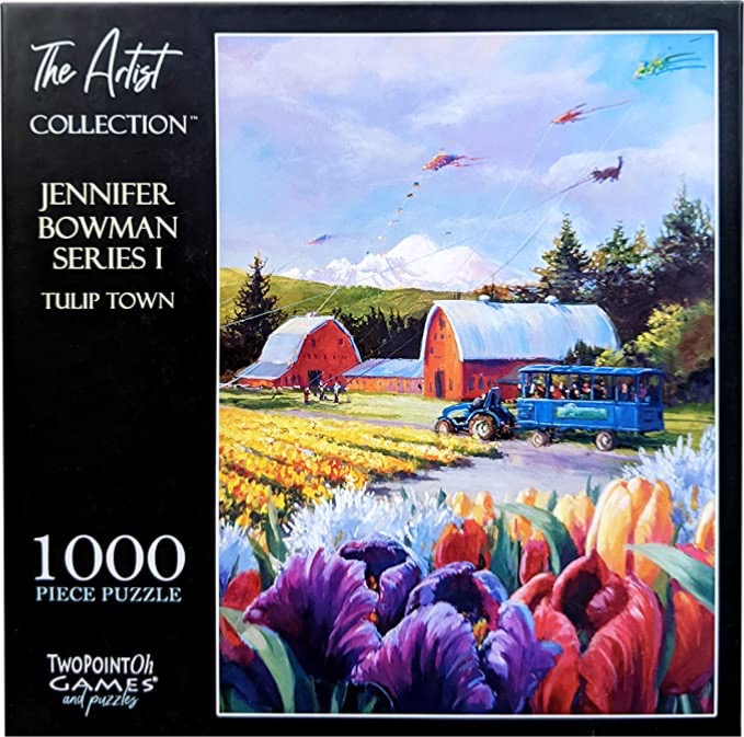 Oil painting of a vibrant tulip field with red barns, a blue tractor, and people flying kites under a mountain view.