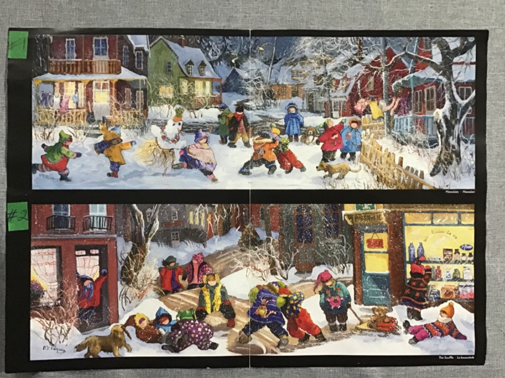 Two horizontal scenes of children playing in a snowy village town square.