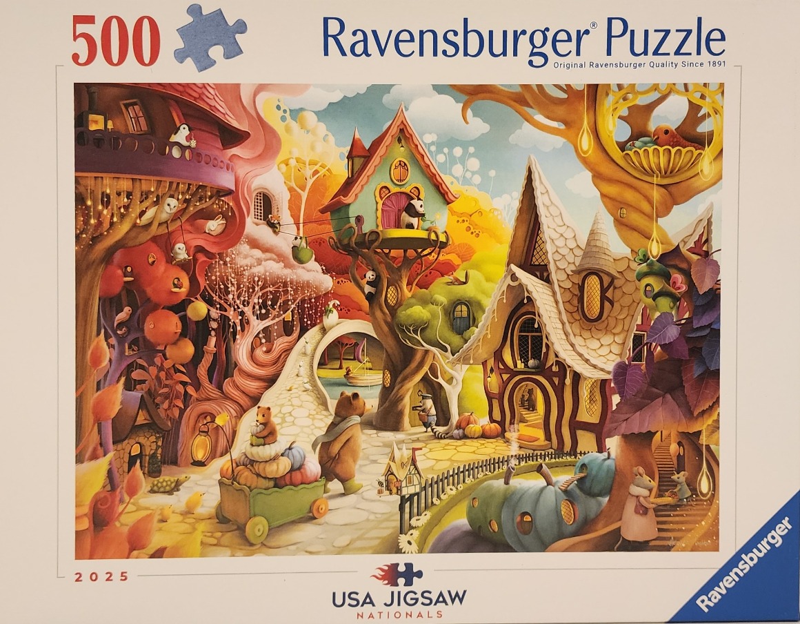 Whimsical autumn woodland scene featuring anthropomorphic animals and cozy treehouse dwellings.