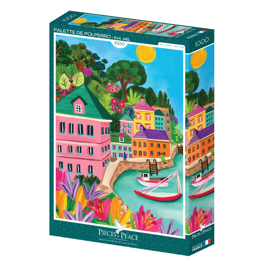 Illustration of a vibrant coastal town with colorful houses, a turquoise harbor, and lush tropical flora.