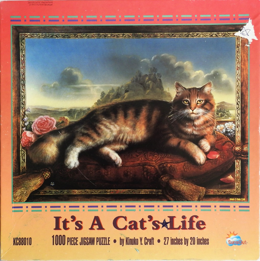 A detailed painting of a fluffy tabby cat lounging on a velvet cushion in front of a landscape window.