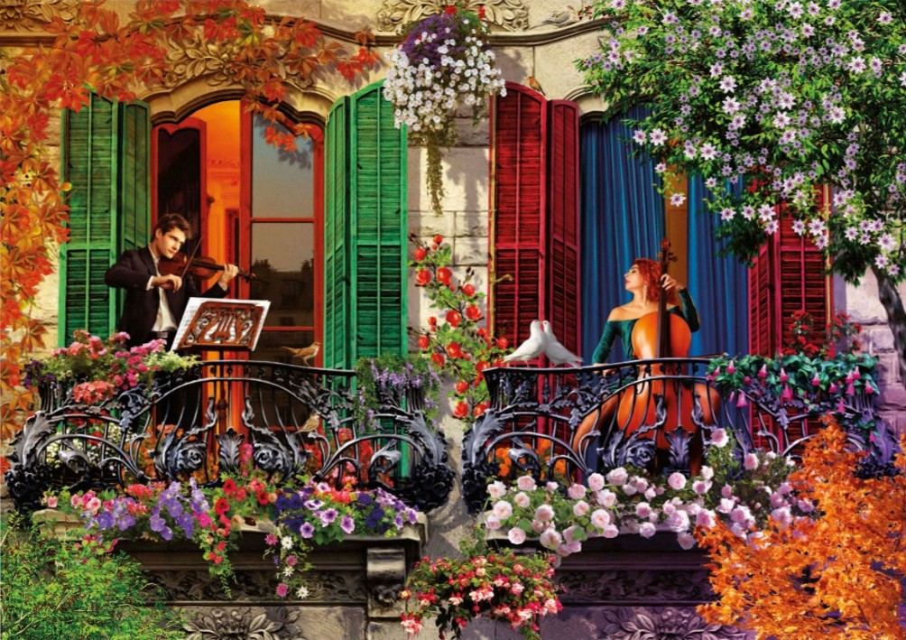 A violinist and a cellist perform on adjacent wrought-iron balconies surrounded by vibrant flowers.