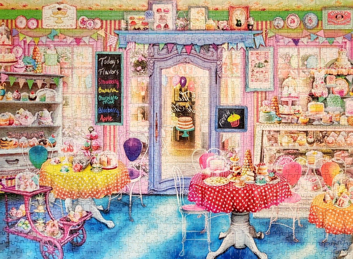 A whimsical illustration of a pastel-colored bakery interior filled with tables, cakes, and sweets.
