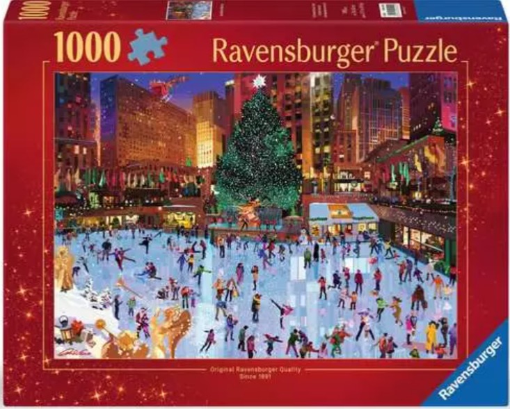 A bustling ice skating rink at Rockefeller Center in New York City during a festive winter evening.