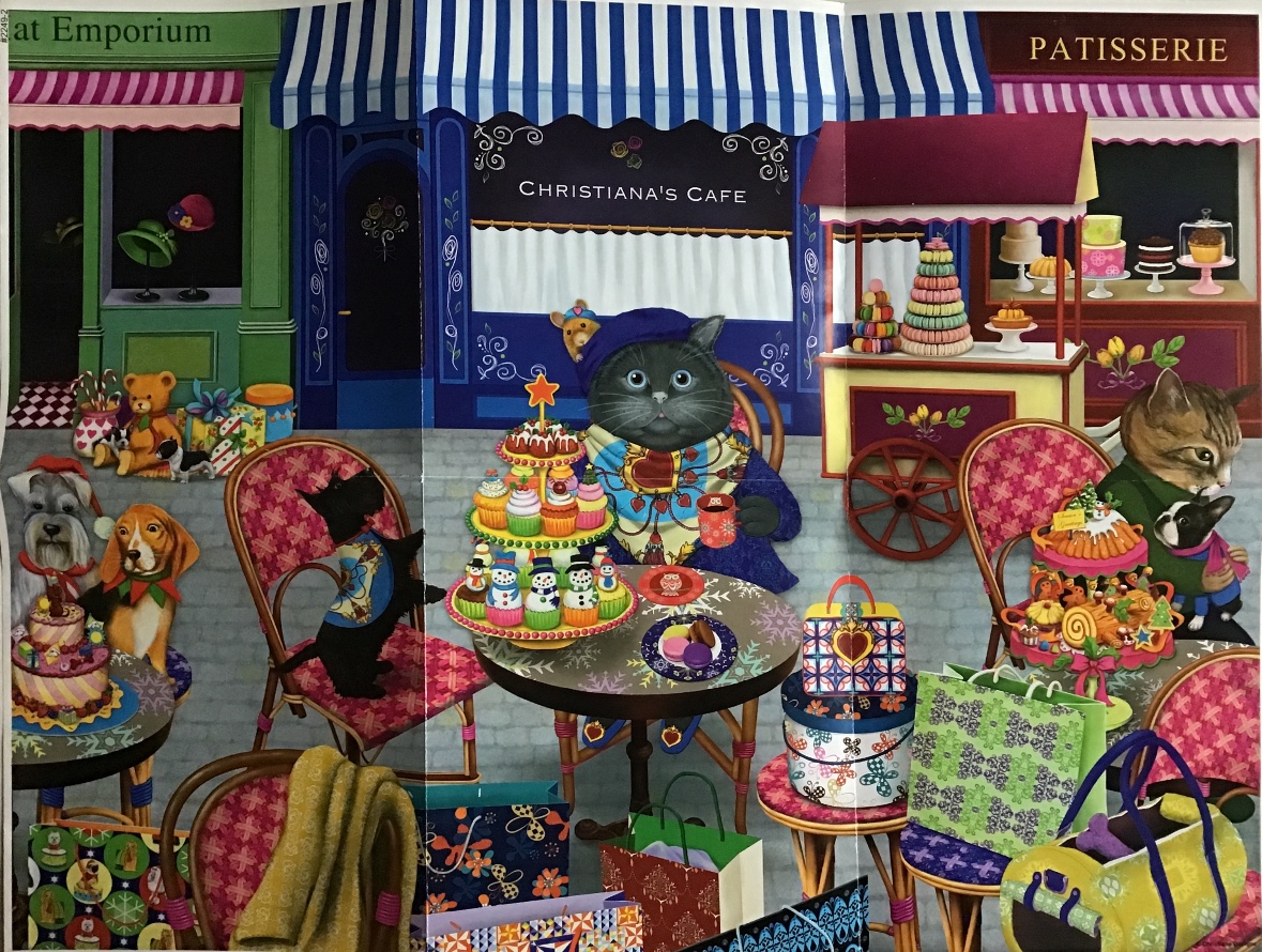 A whimsical illustration of various animals enjoying treats at an outdoor Parisian-style café.