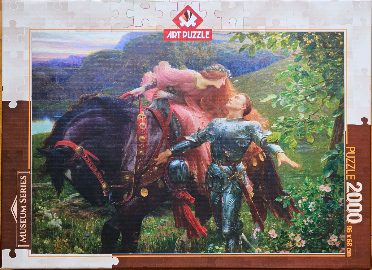 A knight in armor reaching up to a woman in a long pink dress on a black horse in a lush meadow.