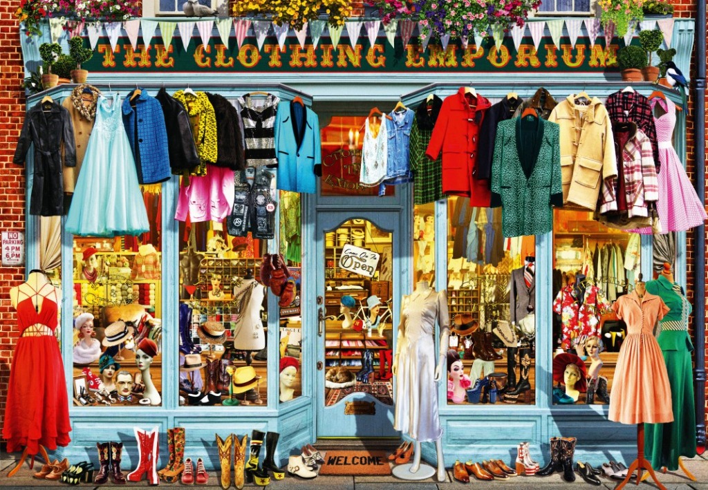 The storefront of a bustling, vintage-style clothing boutique with racks of colorful garments and window displays.