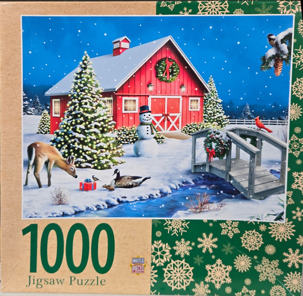 A festive winter scene with a red barn, a snowman, wildlife, and a snow-covered wooden bridge.