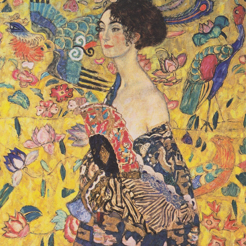 A portrait of a woman with dark hair holding a decorative fan against a gold background with birds and flowers.