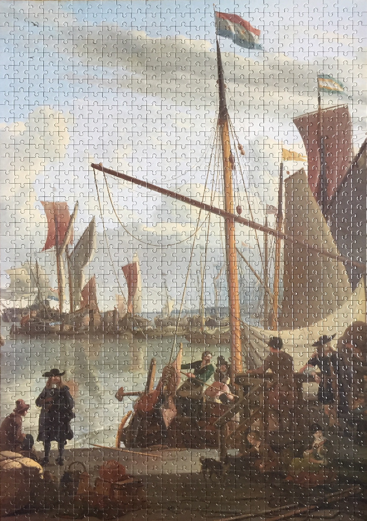 A 17th-century Dutch maritime painting depicting a busy harbor scene with sailing ships and figures on a dock.