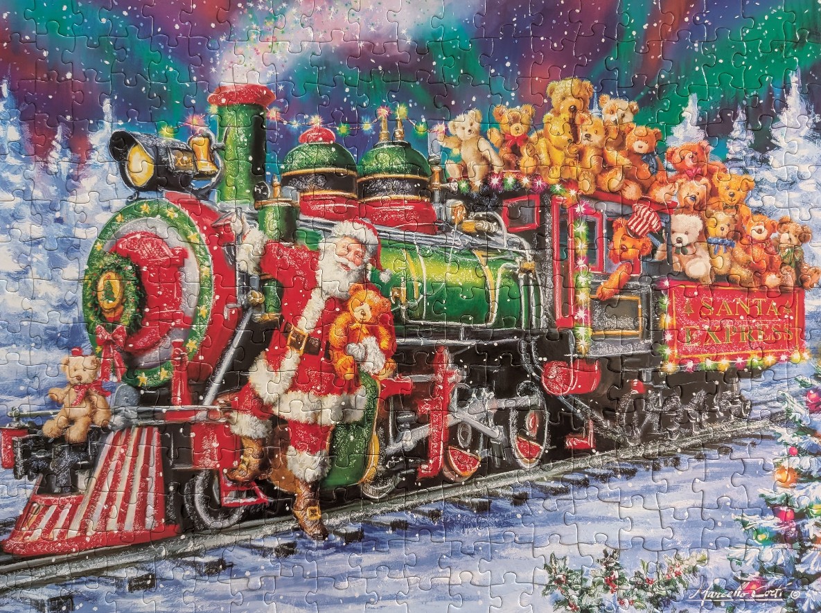An illustration of Santa Claus standing on a festive steam train filled with teddy bears under a northern lights sky.