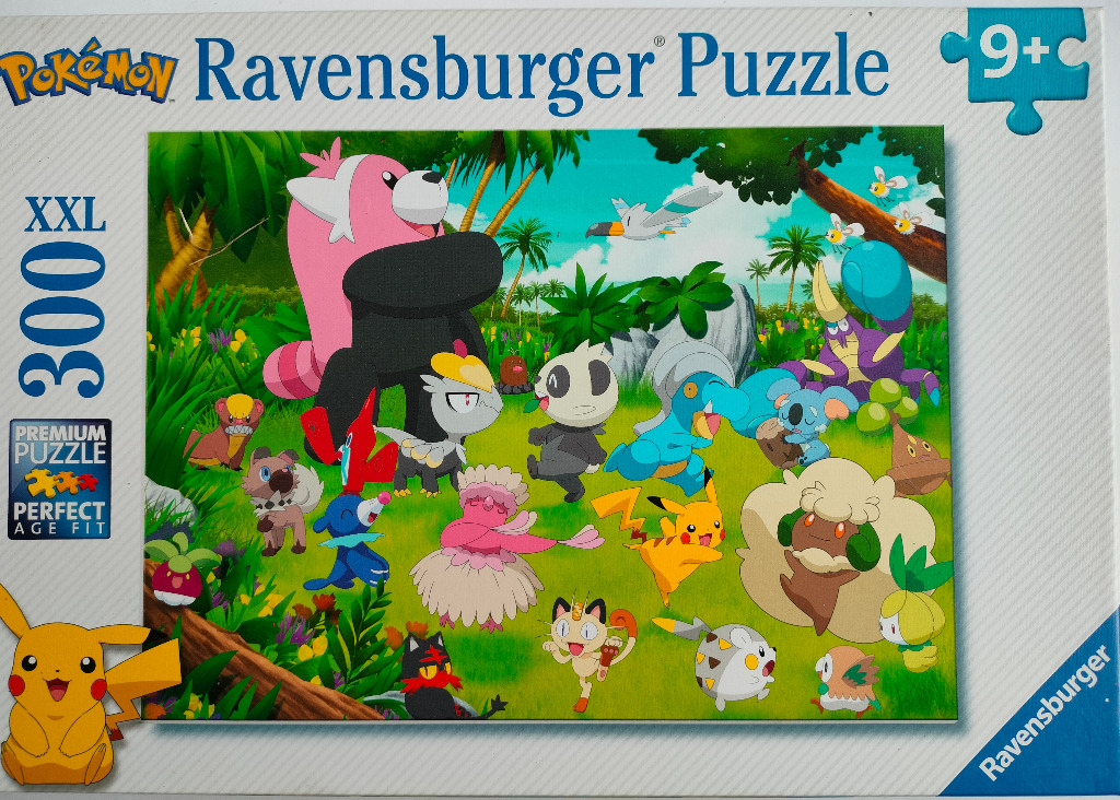 Group of various colorful Pokémon characters standing in a tropical jungle clearing.