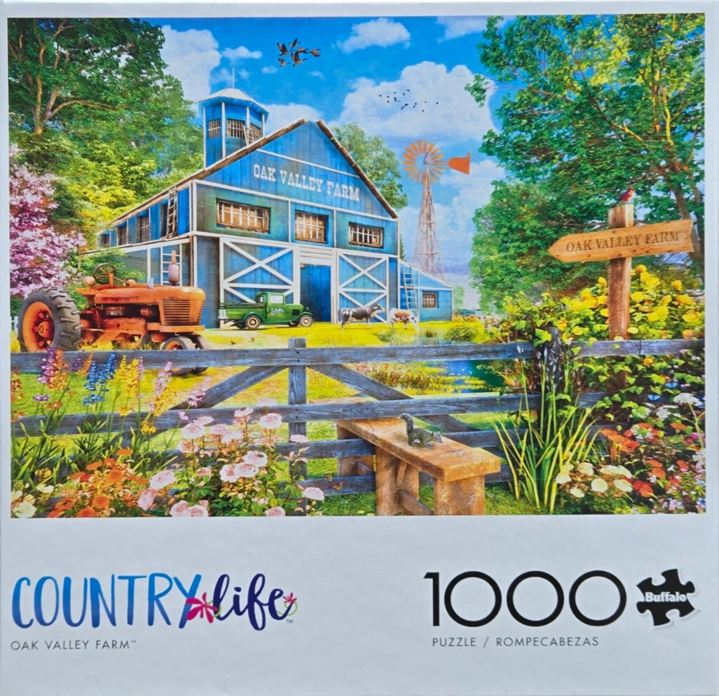 A sunny farm scene with a blue barn, an orange tractor, and lush flowers in the foreground.