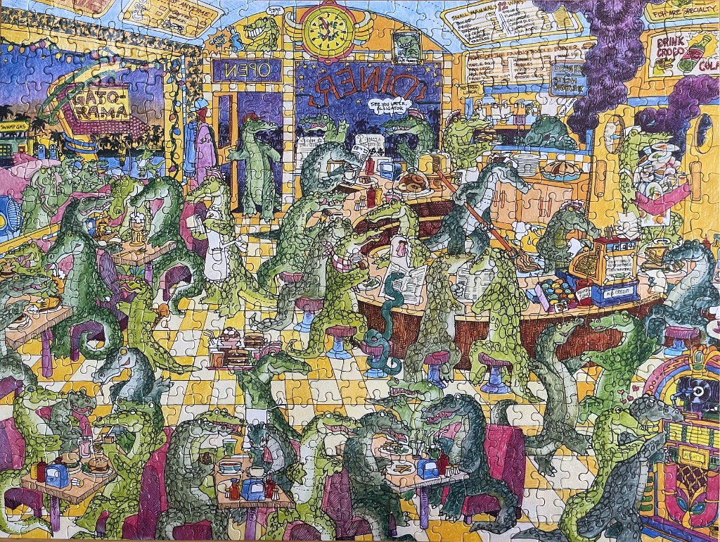A busy diner filled with anthropomorphic alligators dining and socializing, illustrated in a humorous cartoon style.