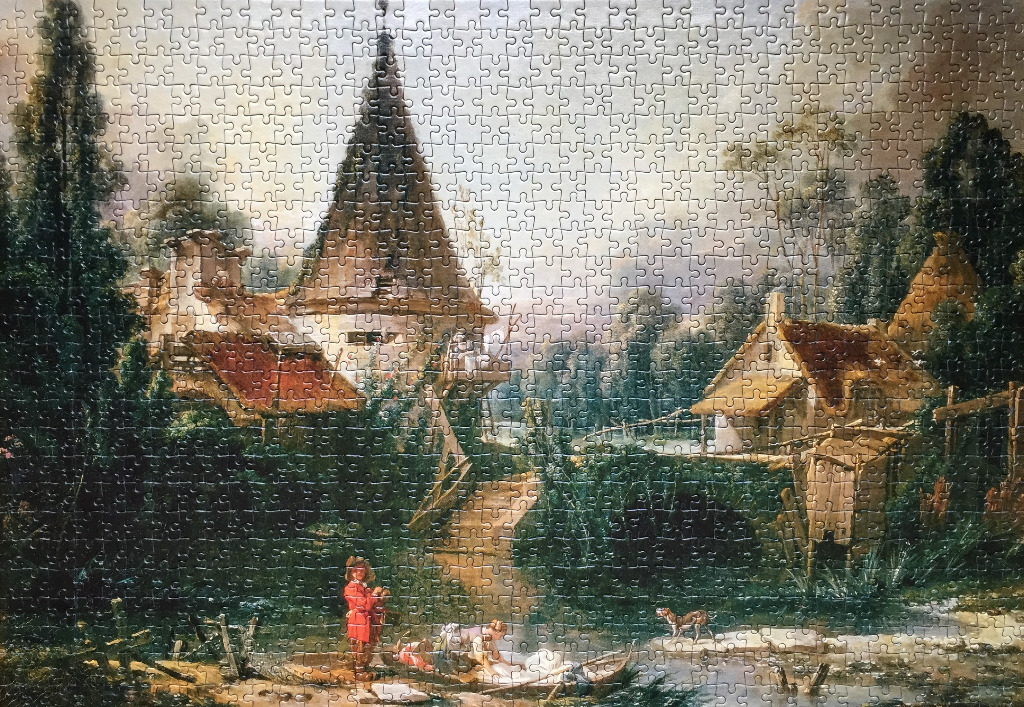 An oil-style landscape painting of a European village scene with a conical tower, small houses, and figures by a stream.