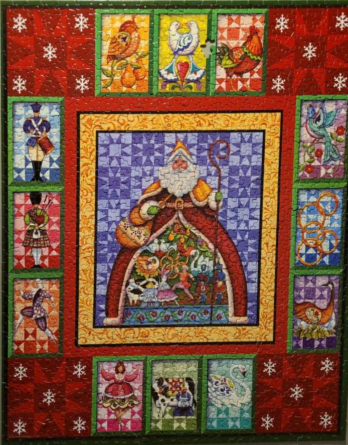 A quilt-style folk art illustration featuring Santa Claus surrounded by panels of Twelve Days of Christmas imagery.