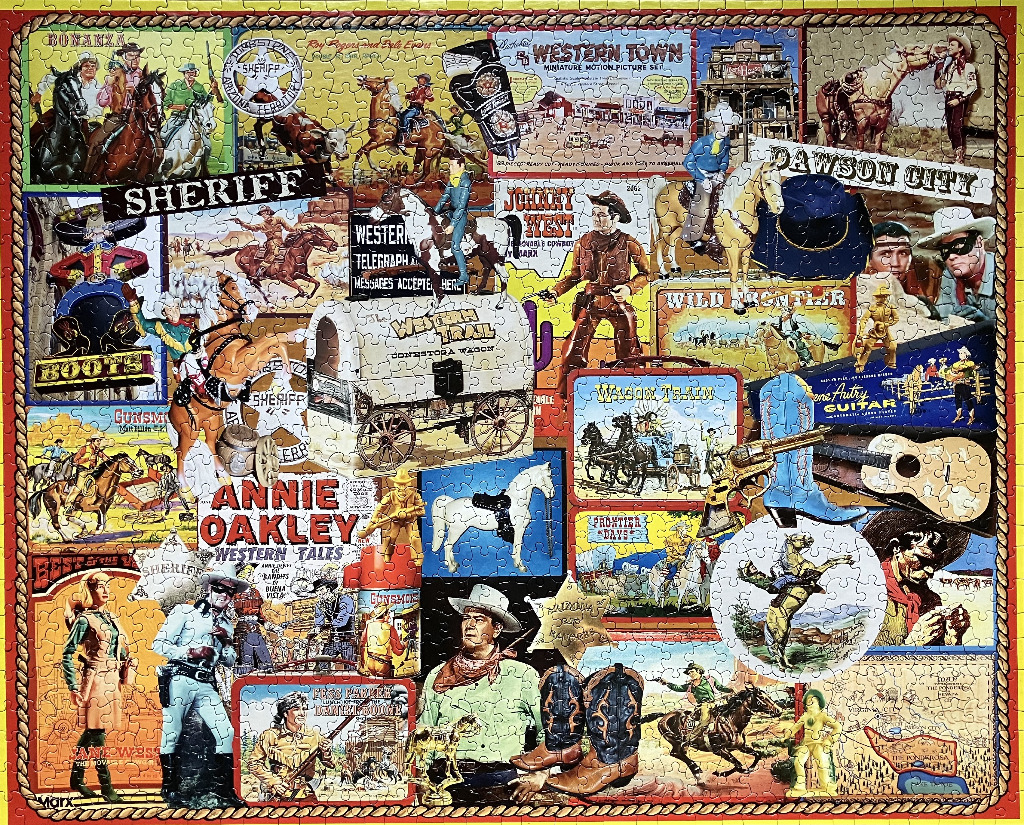 A collage of vintage Western-themed toys, memorabilia, and imagery featuring cowboys, horses, and iconic television shows.
