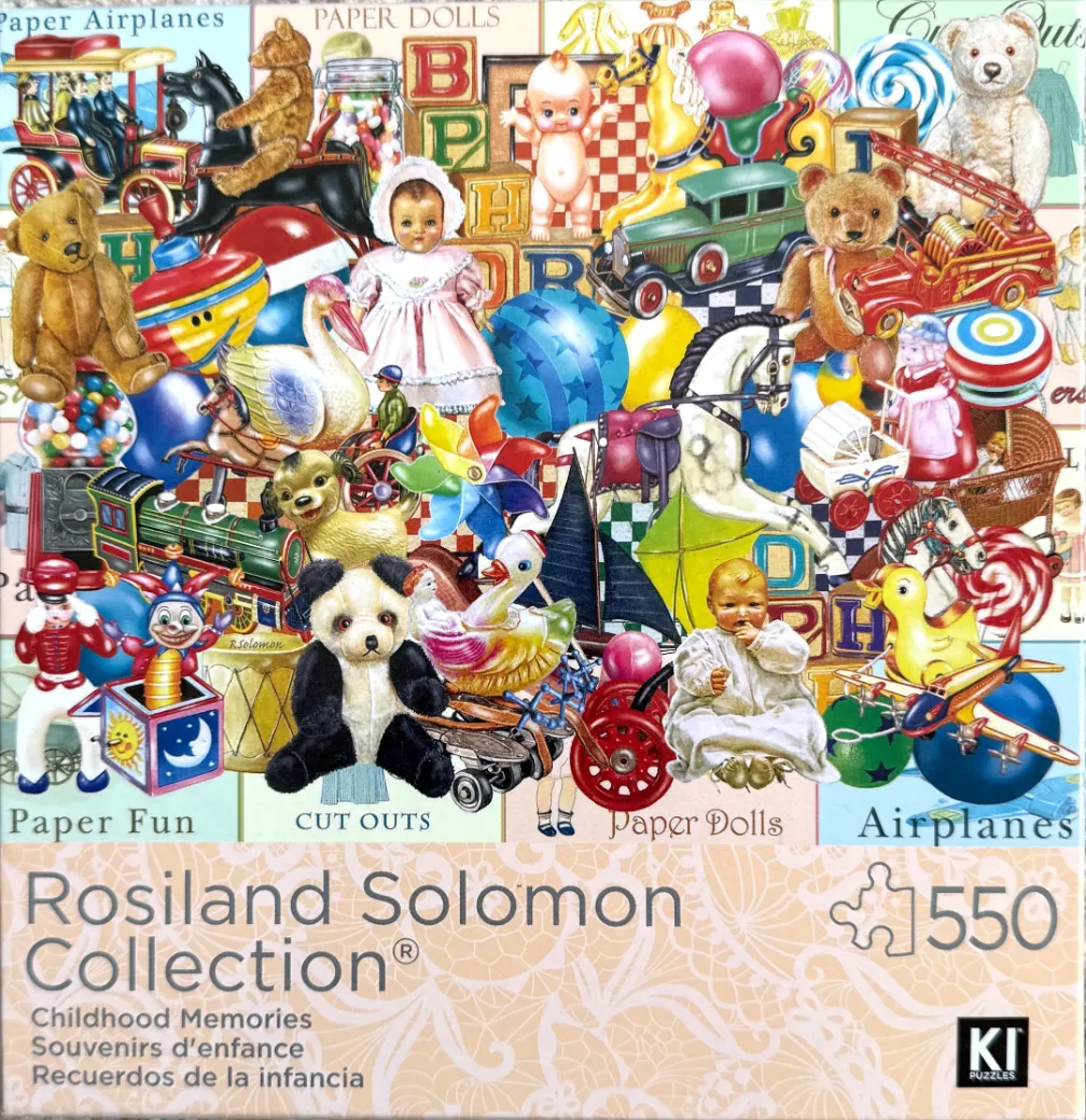 A dense collage of vintage children's toys including teddy bears, dolls, rocking horses, and classic vehicles.