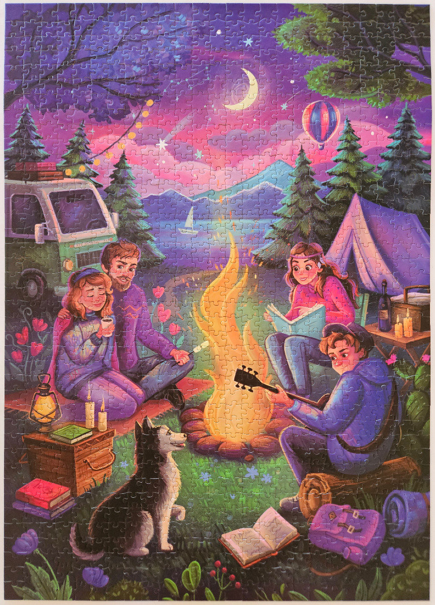 Illustrated scene of four friends and a dog camping around a bonfire under a starry purple sky at twilight.
