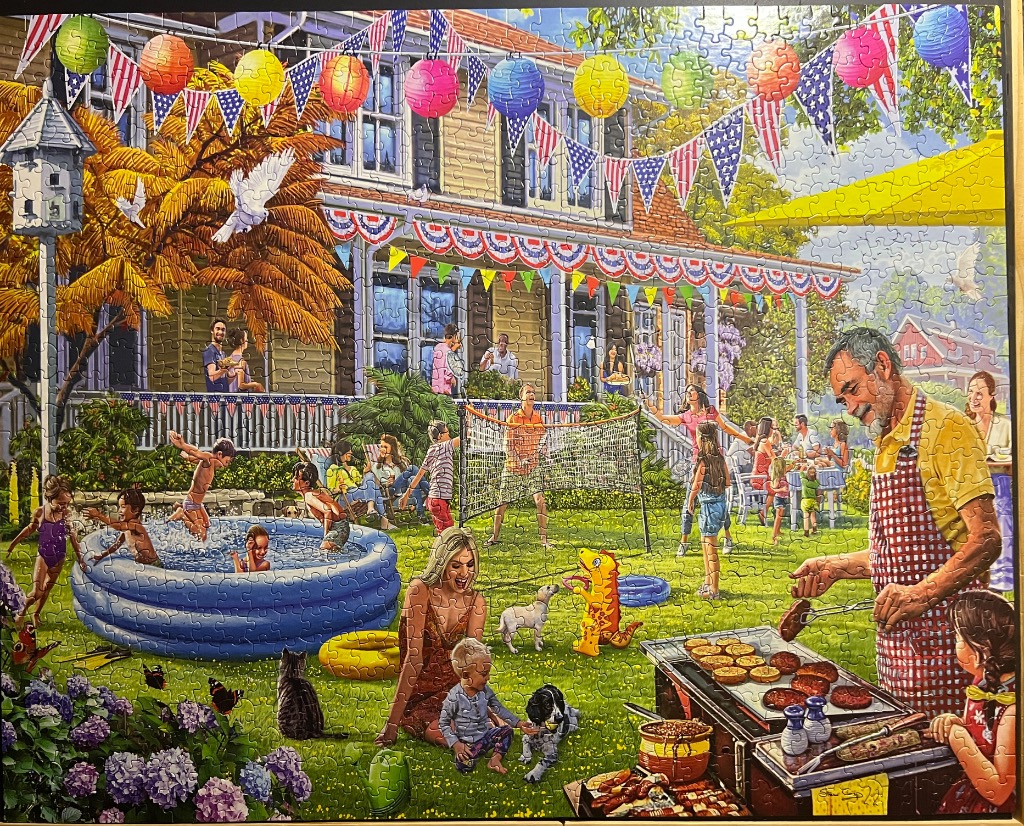A lively outdoor summer party scene with family, a pool, and a grill in a backyard.