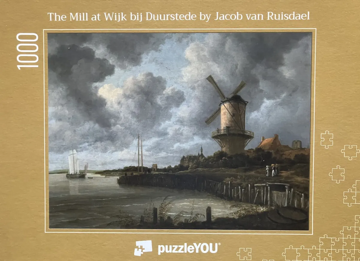 Oil painting of a Dutch landscape featuring a large windmill beside a river under a dramatic, cloudy sky.