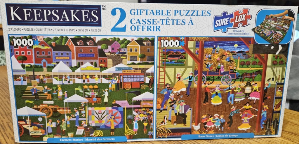 Two folk art scenes: a bustling outdoor farmers market and an lively barn dance with musicians and dancers.