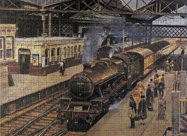 An oil painting of a vintage steam train pulling into a railway station platform crowded with passengers.